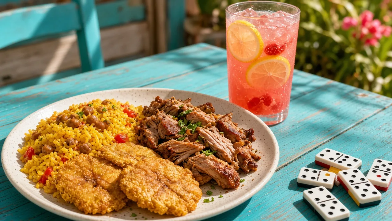 A plate of yellow rice with pigeon peas, fried plantains and roast pork next to a glass of strawberry lemonade and a few dominoes on a turquoise table